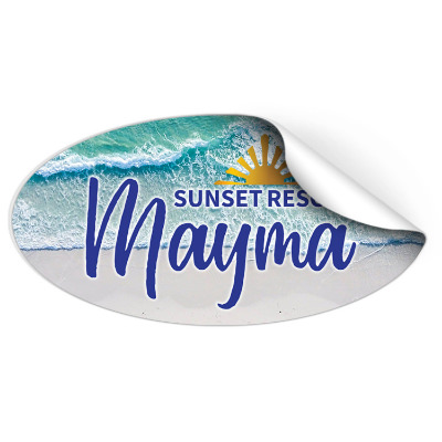 6x3 inch oval sticker with full color custom imprint.